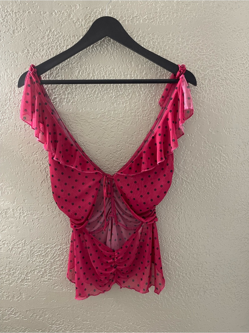 Urban Outfitters Hot Pink Polka Dot Ruffle Tie-Front Camisole Large